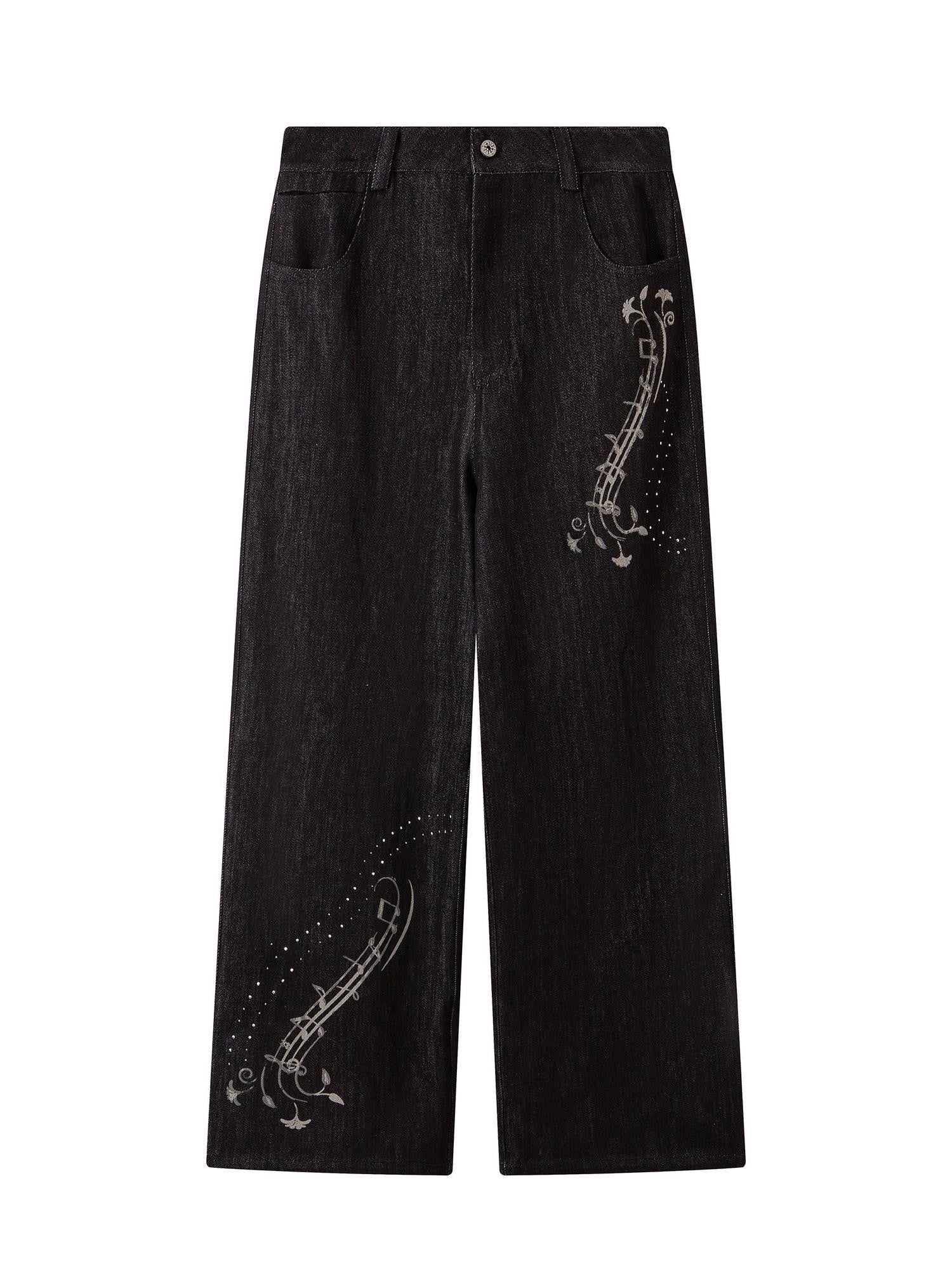 THELIGHT OFFICIAL Black Musical Note Print Relaxed Women's Cotton Wide-leg Jeans