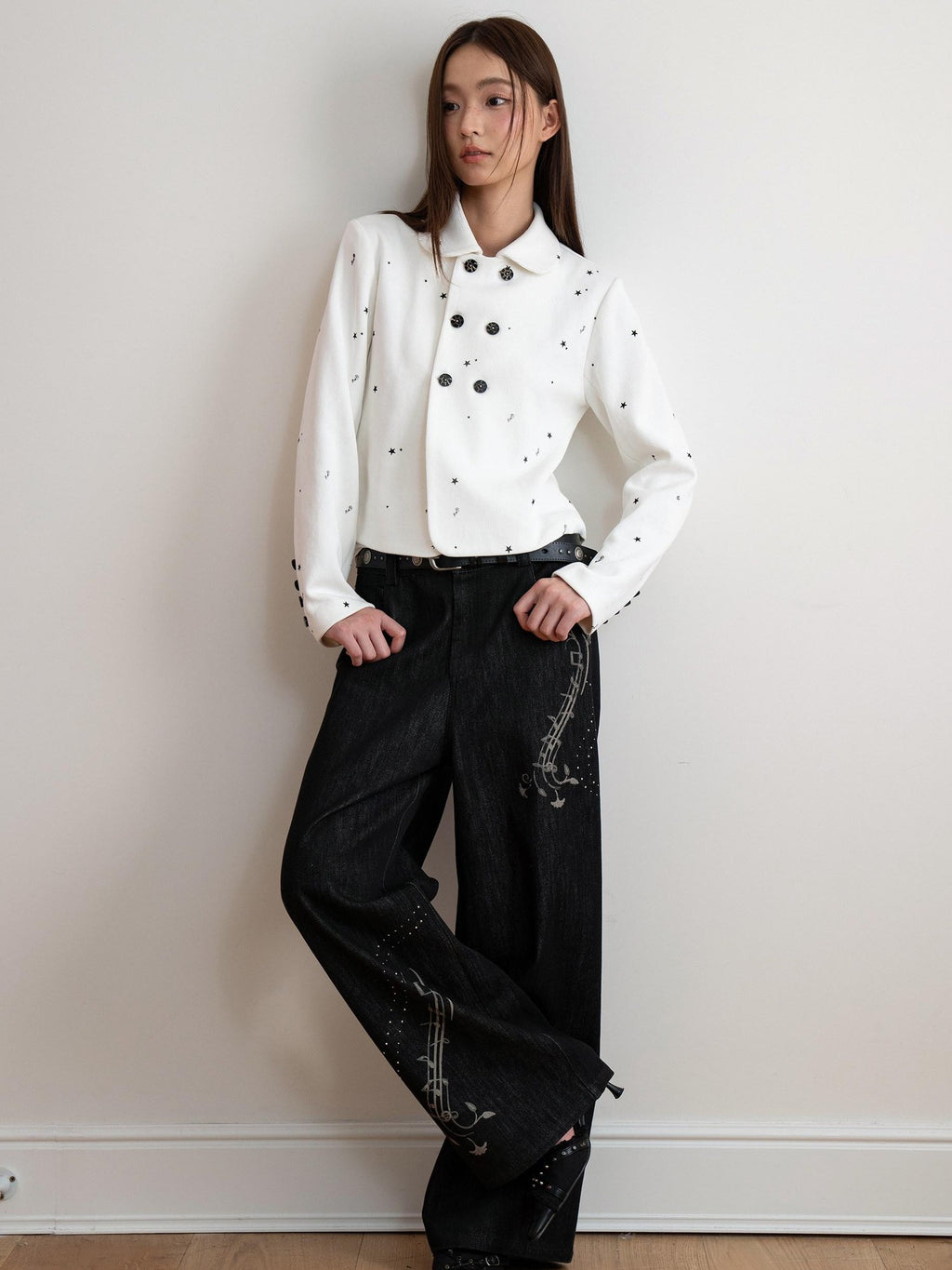 THELIGHT OFFICIAL Black Musical Note Print Relaxed Women's Cotton Wide-leg Jeans