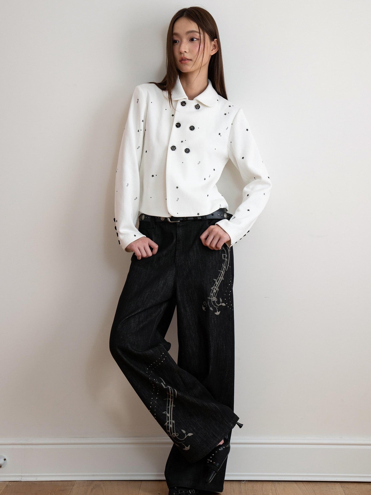THELIGHT OFFICIAL Black Musical Note Print Relaxed Women's Cotton Wide-leg Jeans