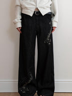 THELIGHT OFFICIAL Black Musical Note Print Relaxed Women's Cotton Wide-leg Jeans