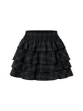 THELIGHT OFFICIAL Black Plaid Tiered Women's Polyester Cotton Spandex Blend Mini Skirts 899549226423