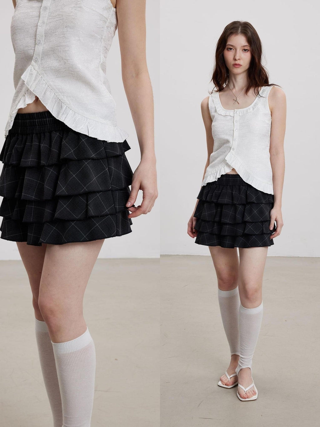 THELIGHT OFFICIAL Black Plaid Tiered Women's Polyester Cotton Spandex Blend Mini Skirts