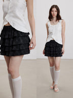 THELIGHT OFFICIAL Black Plaid Tiered Women's Polyester Cotton Spandex Blend Mini Skirts
