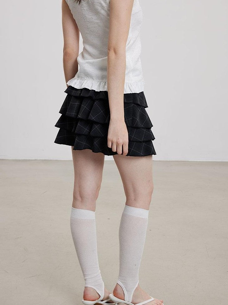THELIGHT OFFICIAL Black Plaid Tiered Women's Polyester Cotton Spandex Blend Mini Skirts