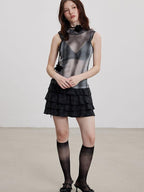 THELIGHT OFFICIAL Black Plaid Tiered Women's Polyester Cotton Spandex Blend Mini Skirts