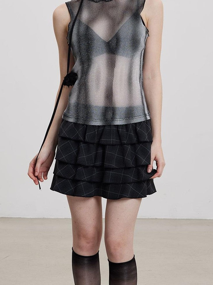 THELIGHT OFFICIAL Black Plaid Tiered Women's Polyester Cotton Spandex Blend Mini Skirts