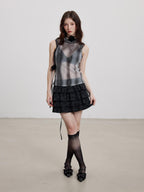 THELIGHT OFFICIAL Black Plaid Tiered Women's Polyester Cotton Spandex Blend Mini Skirts