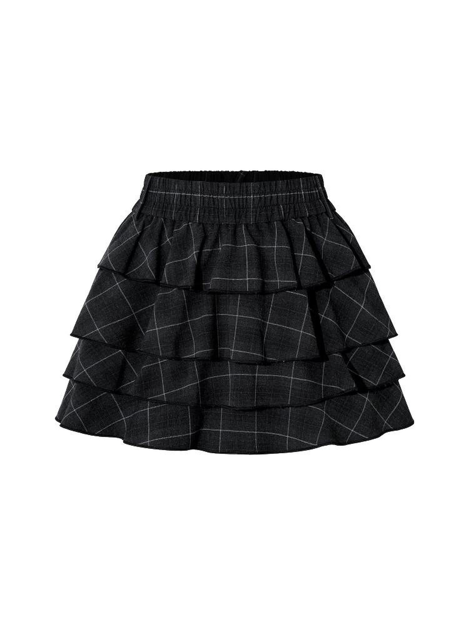 THELIGHT OFFICIAL Black Plaid Tiered Women's Polyester Cotton Spandex Blend Mini Skirts