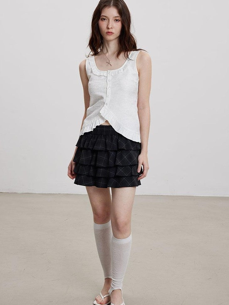 THELIGHT OFFICIAL Black Plaid Tiered Women's Polyester Cotton Spandex Blend Mini Skirts