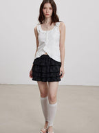 THELIGHT OFFICIAL Black Plaid Tiered Women's Polyester Cotton Spandex Blend Mini Skirts