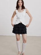 THELIGHT OFFICIAL Black Plaid Tiered Women's Polyester Cotton Spandex Blend Mini Skirts