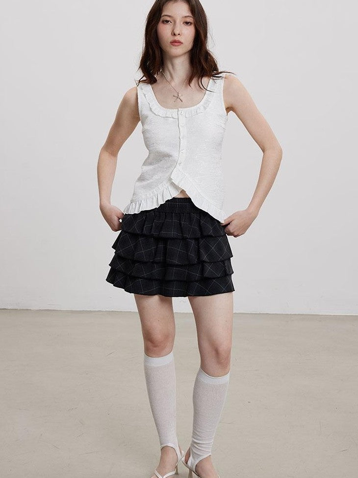 THELIGHT OFFICIAL Black Plaid Tiered Women's Polyester Cotton Spandex Blend Mini Skirts