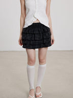THELIGHT OFFICIAL Black Plaid Tiered Women's Polyester Cotton Spandex Blend Mini Skirts