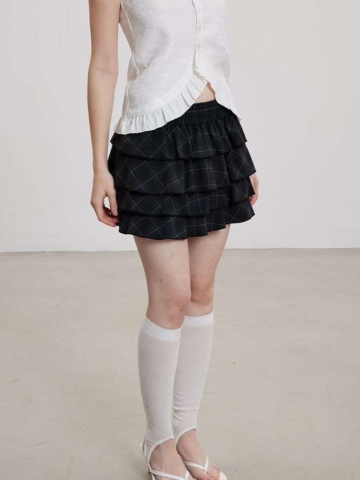 THELIGHT OFFICIAL Black Plaid Tiered Women's Polyester Cotton Spandex Blend Mini Skirts