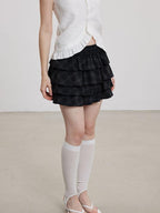 THELIGHT OFFICIAL Black Plaid Tiered Women's Polyester Cotton Spandex Blend Mini Skirts