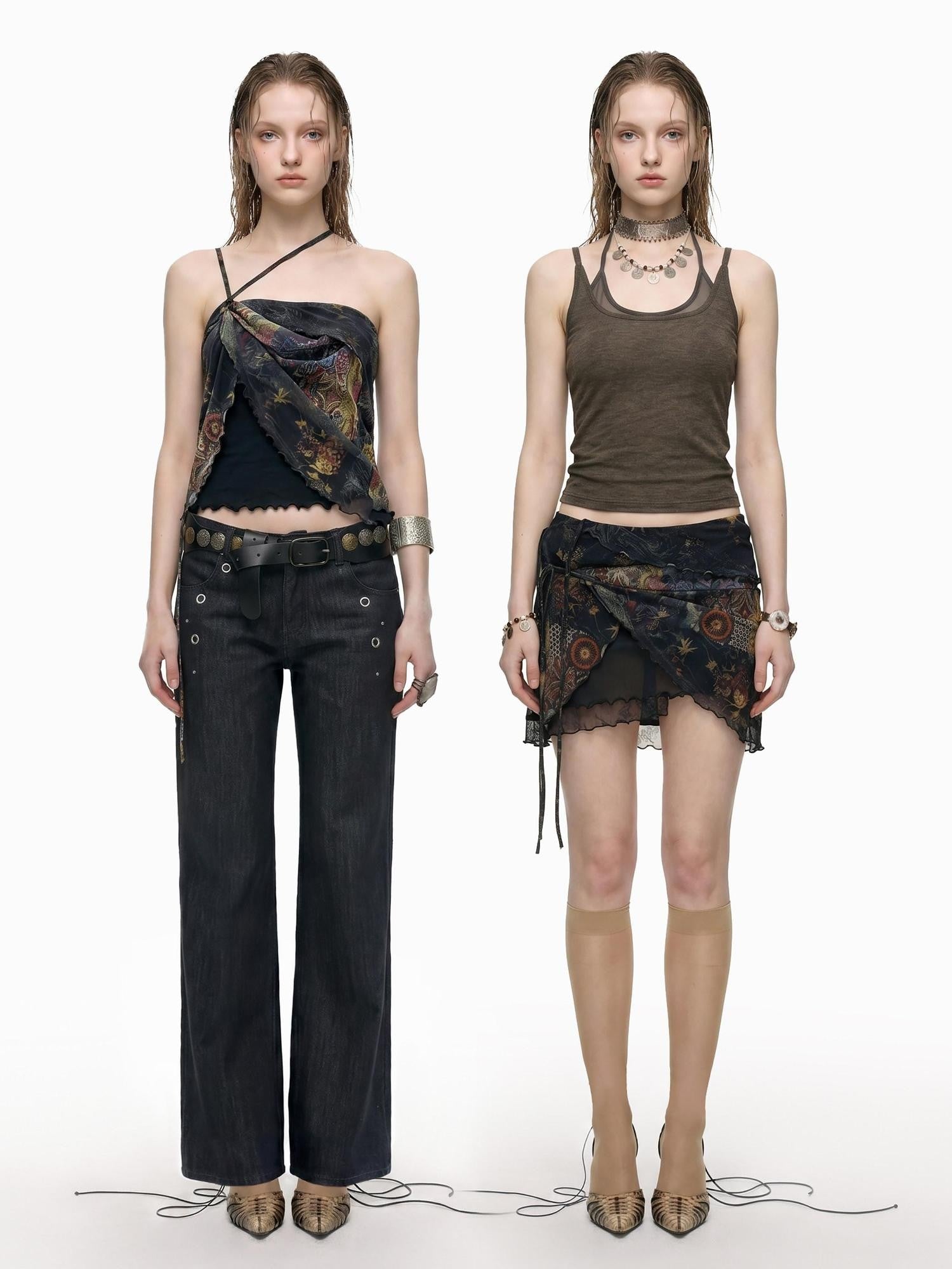 THELIGHT OFFICIAL Black Printed Ruffle Convertible Women's Polyester Camisoles