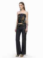 THELIGHT OFFICIAL Black Printed Ruffle Convertible Women's Polyester Camisoles