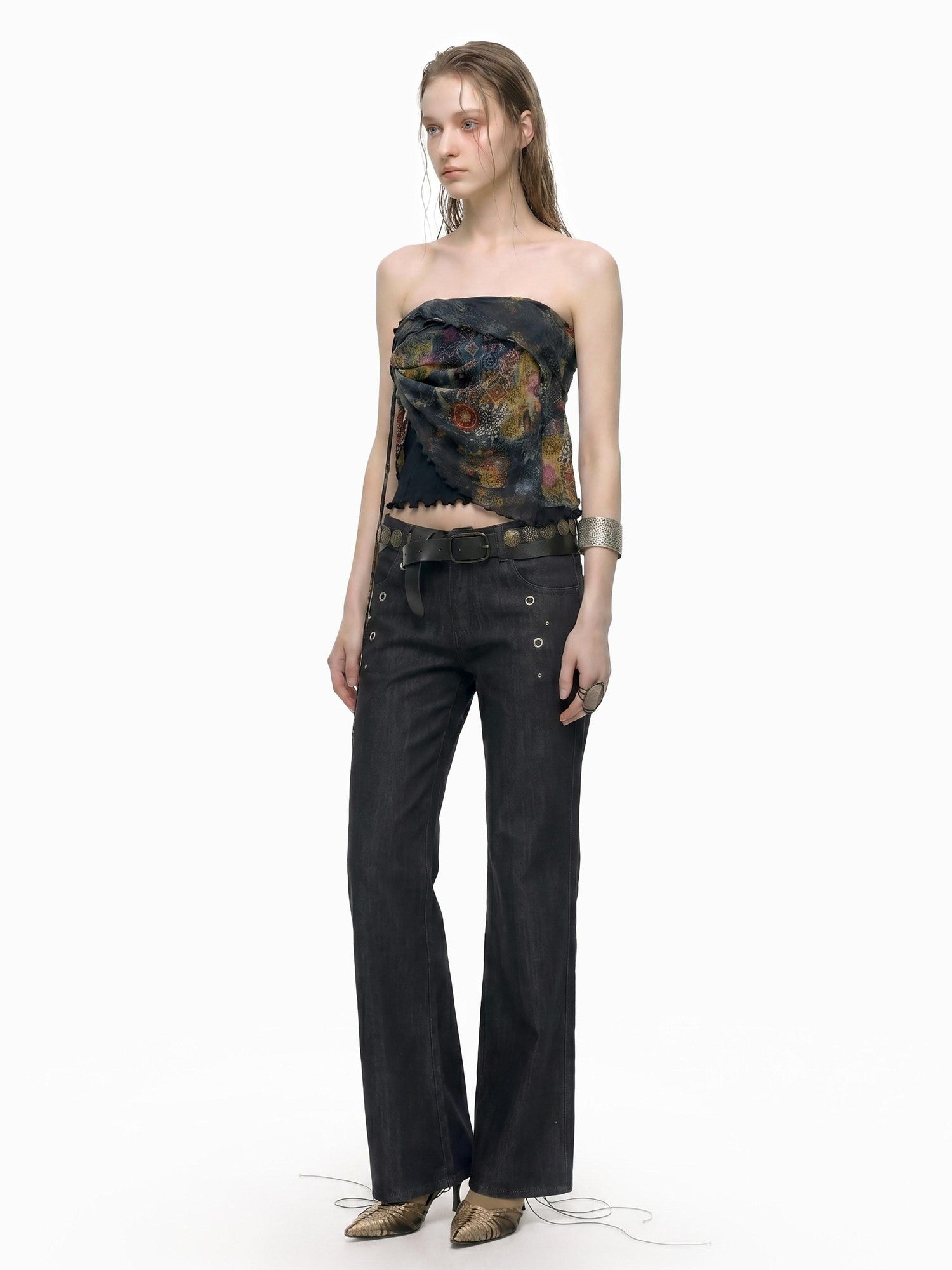 THELIGHT OFFICIAL Black Printed Ruffle Convertible Women's Polyester Camisoles