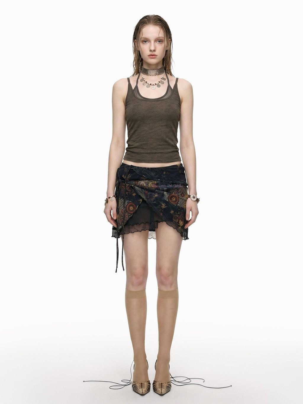 THELIGHT OFFICIAL Black Printed Ruffle Convertible Women's Polyester Camisoles