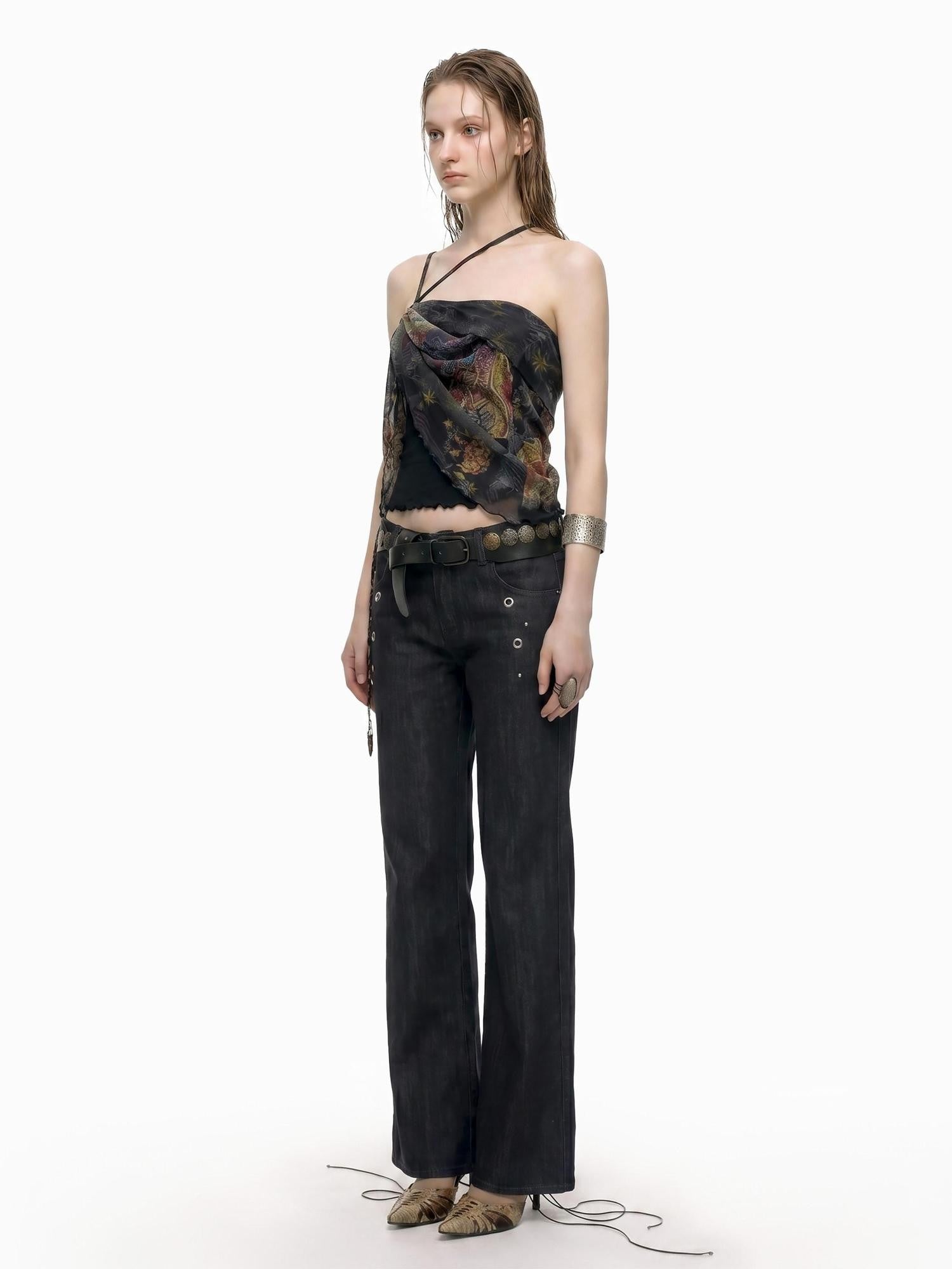 THELIGHT OFFICIAL Black Printed Ruffle Convertible Women's Polyester Camisoles