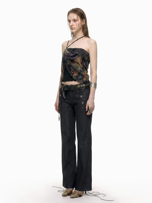 THELIGHT OFFICIAL Black Printed Ruffle Convertible Women's Polyester Camisoles