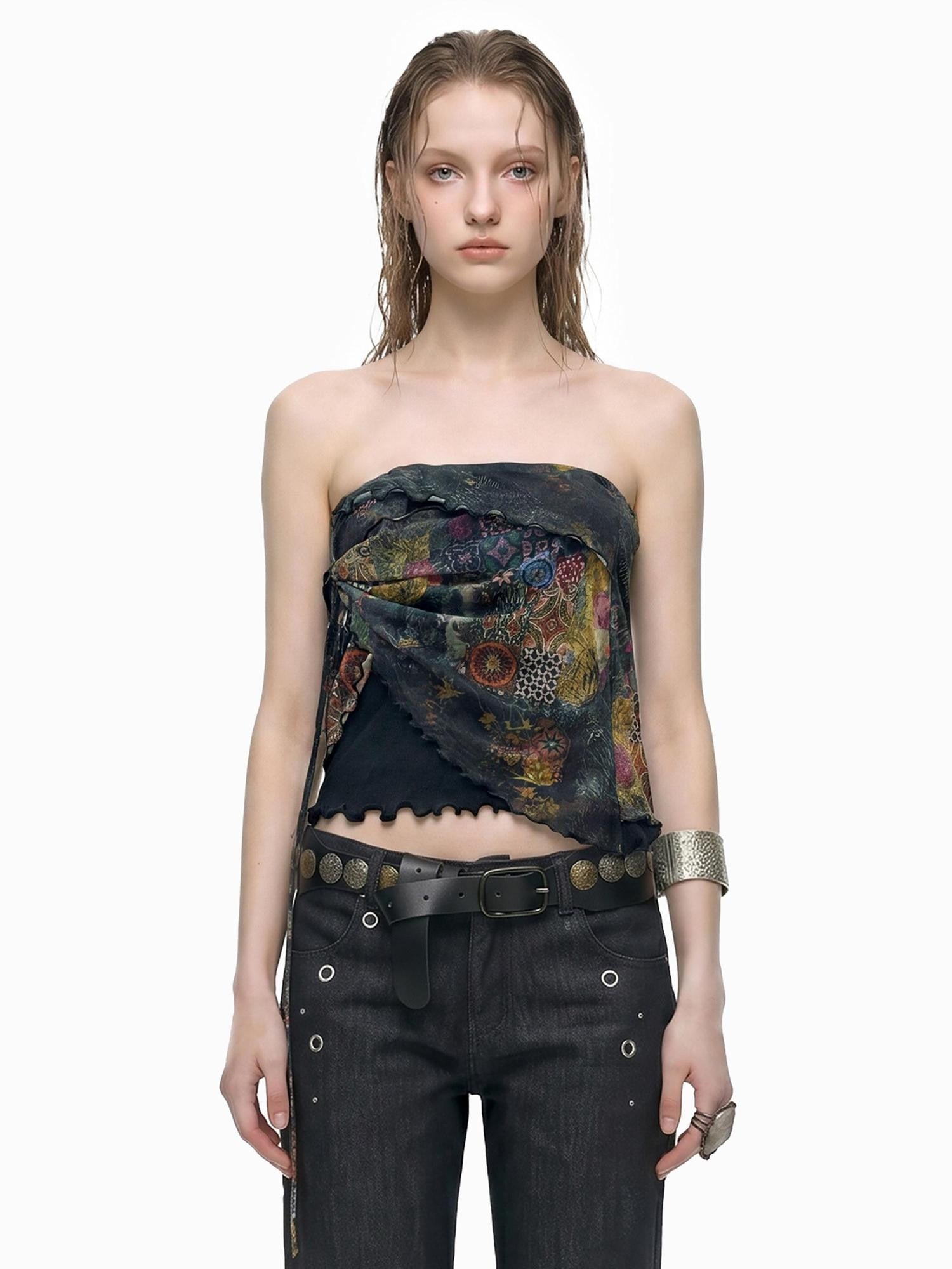 THELIGHT OFFICIAL Black Printed Ruffle Convertible Women's Polyester Camisoles
