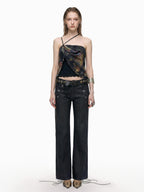 THELIGHT OFFICIAL Black Printed Ruffle Convertible Women's Polyester Camisoles