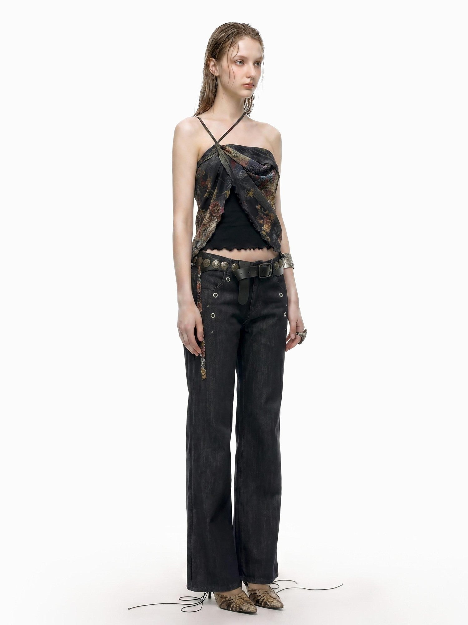 THELIGHT OFFICIAL Black Printed Ruffle Convertible Women's Polyester Camisoles