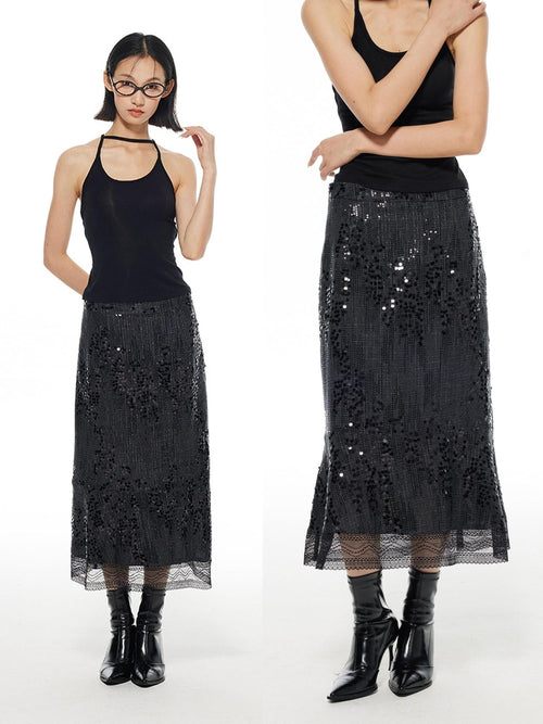 THELIGHT OFFICIAL Black Shimmer Sequin Lace A Line Women's Polyester Maxi Skirts