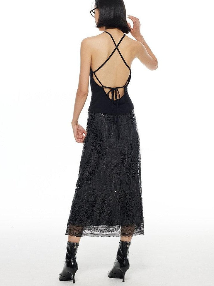 THELIGHT OFFICIAL Black Shimmer Sequin Lace A Line Women's Polyester Maxi Skirts
