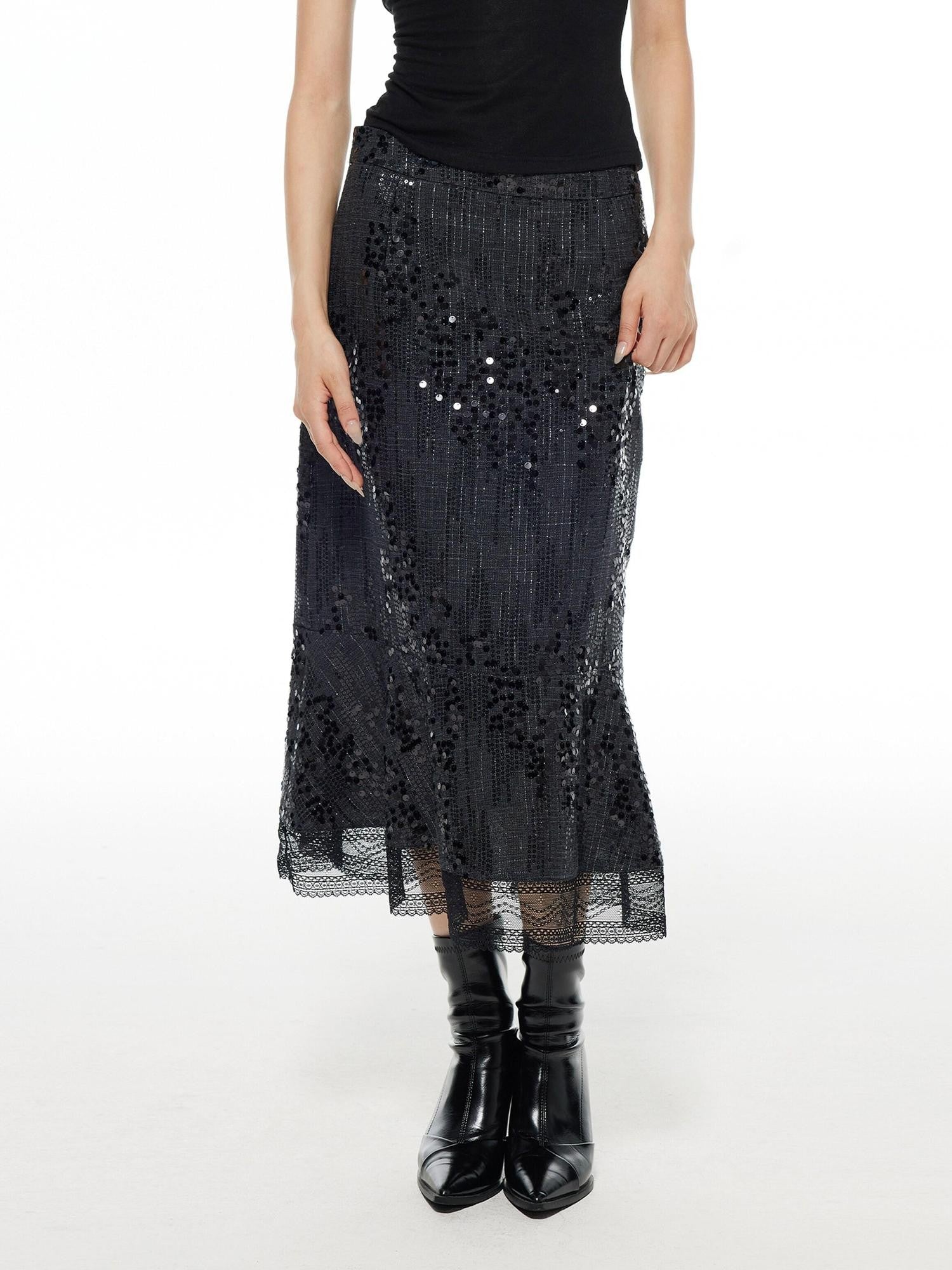 THELIGHT OFFICIAL Black Shimmer Sequin Lace A Line Women's Polyester Maxi Skirts