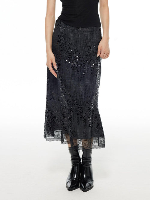 THELIGHT OFFICIAL Black Shimmer Sequin Lace A Line Women's Polyester Maxi Skirts