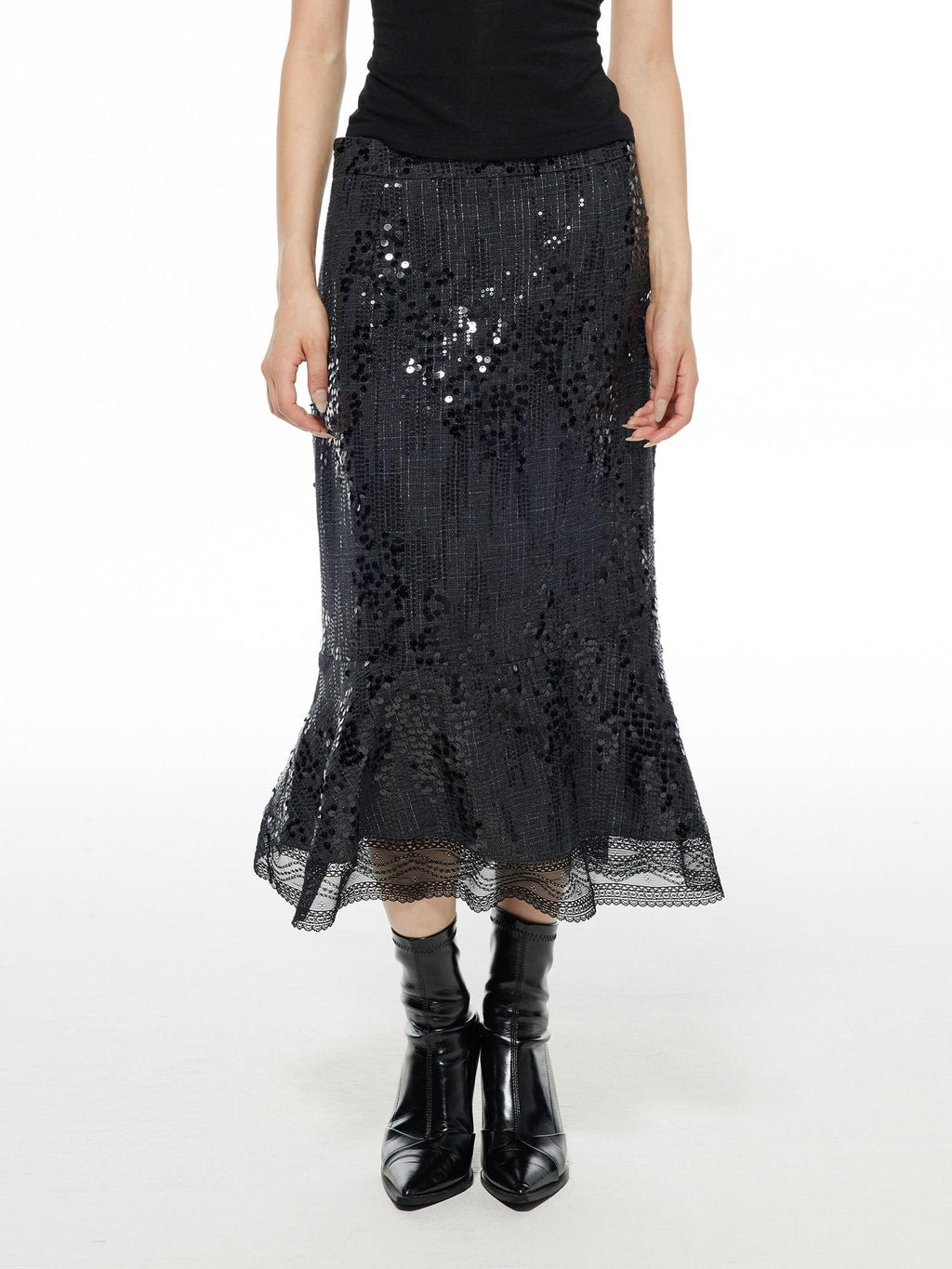 THELIGHT OFFICIAL Black Shimmer Sequin Lace A Line Women's Polyester Maxi Skirts
