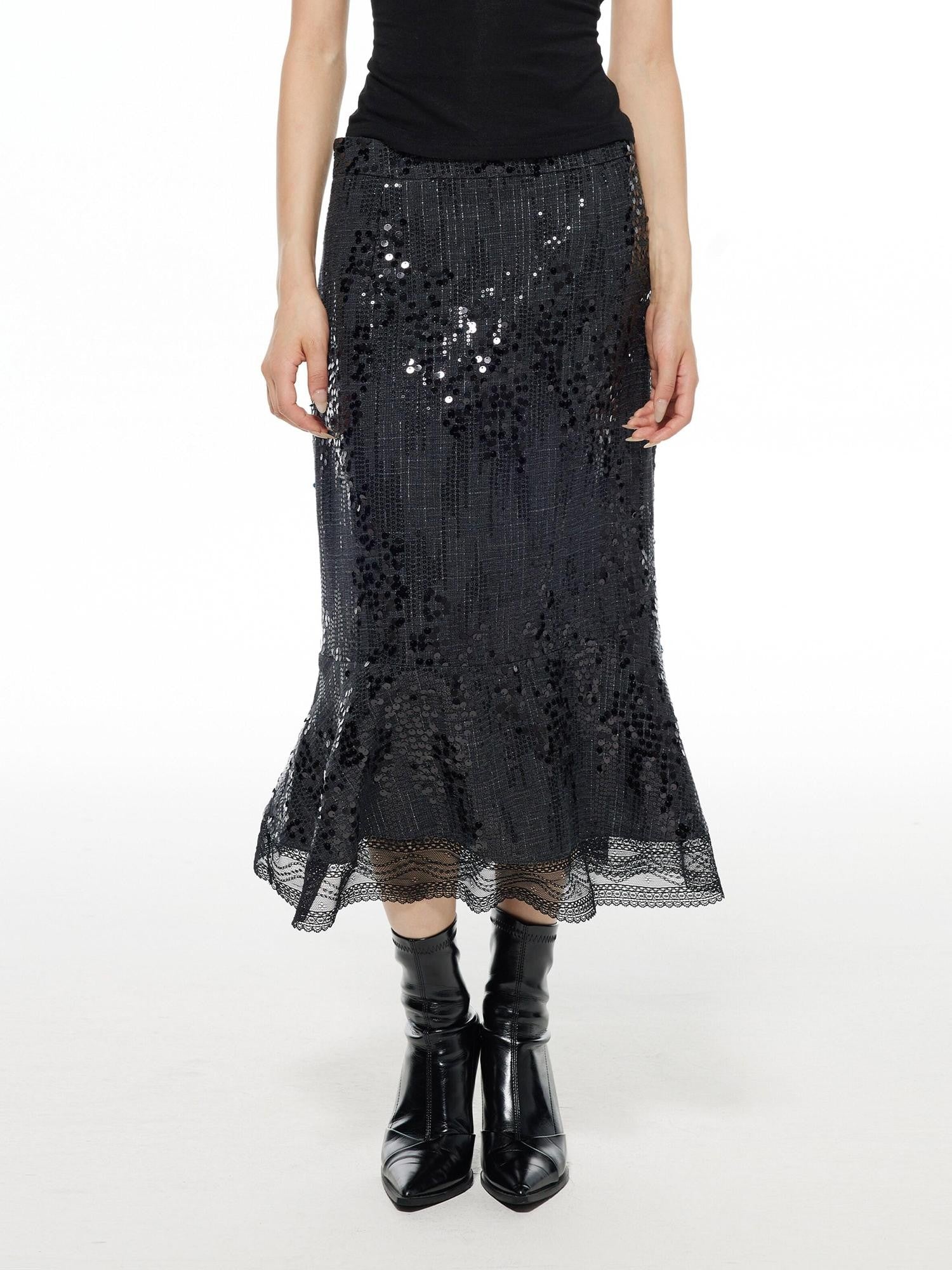 THELIGHT OFFICIAL Black Shimmer Sequin Lace A Line Women's Polyester Maxi Skirts