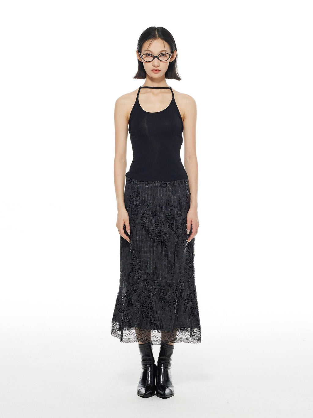 THELIGHT OFFICIAL Black Shimmer Sequin Lace A Line Women's Polyester Maxi Skirts