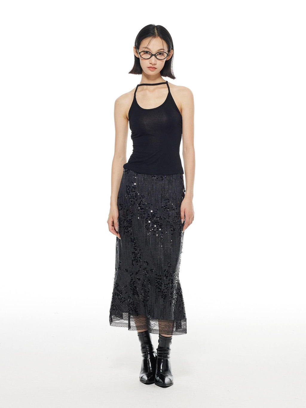 THELIGHT OFFICIAL Black Shimmer Sequin Lace A Line Women's Polyester Maxi Skirts