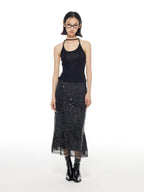 THELIGHT OFFICIAL Black Shimmer Sequin Lace A Line Women's Polyester Maxi Skirts