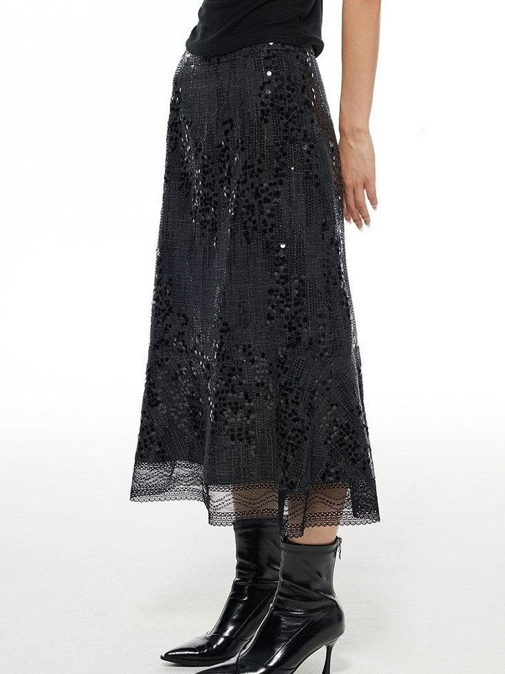 THELIGHT OFFICIAL Black Shimmer Sequin Lace A Line Women's Polyester Maxi Skirts