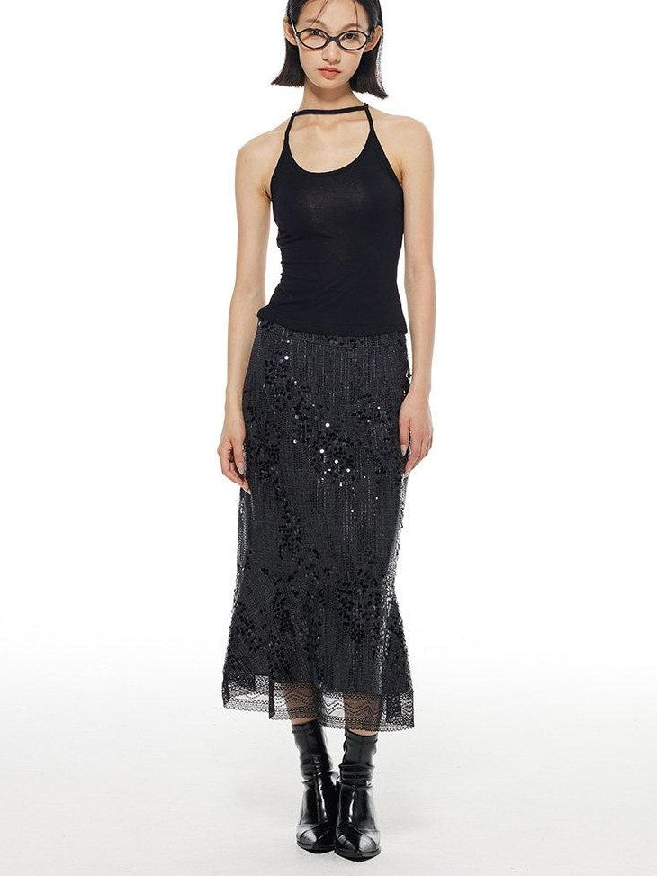 THELIGHT OFFICIAL Black Shimmer Sequin Lace A Line Women's Polyester Maxi Skirts