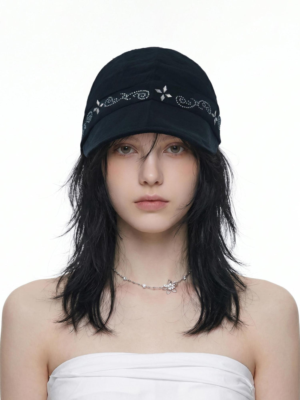 THELIGHT OFFICIAL Black Soft Top Adjustable Brim Rhinestone Starburst Vine Women's Cotton Sun Hats