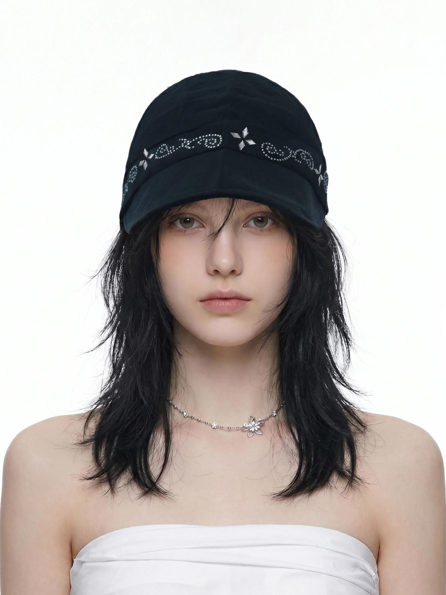 THELIGHT OFFICIAL Black Soft Top Adjustable Brim Rhinestone Starburst Vine Women's Cotton Sun Hats