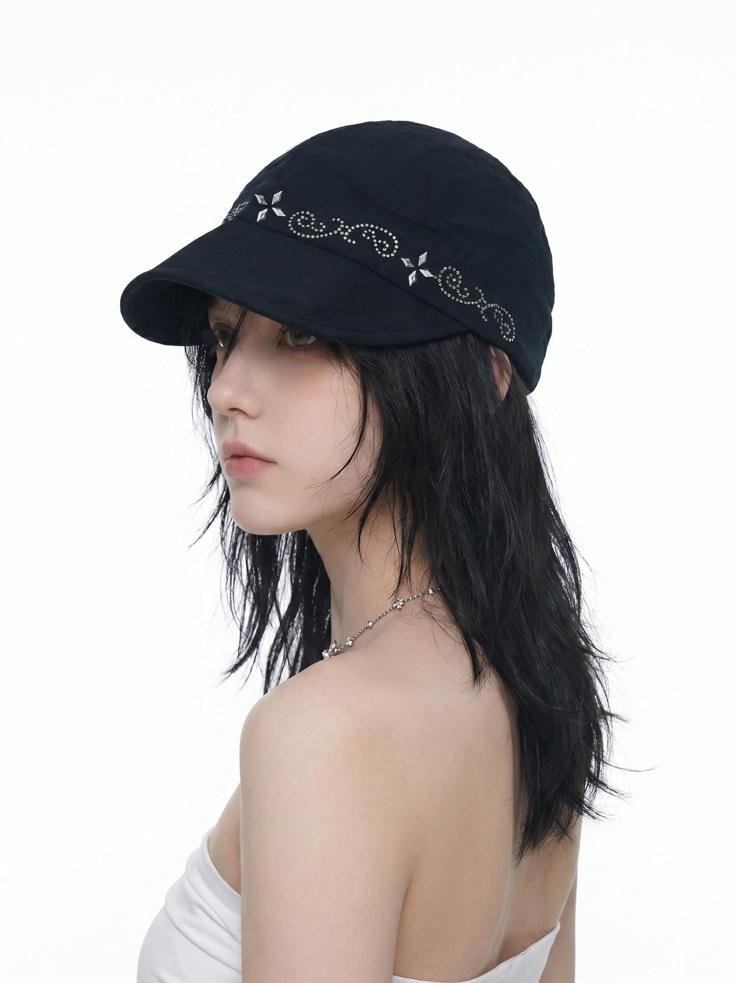 THELIGHT OFFICIAL Black Soft Top Adjustable Brim Rhinestone Starburst Vine Women's Cotton Sun Hats