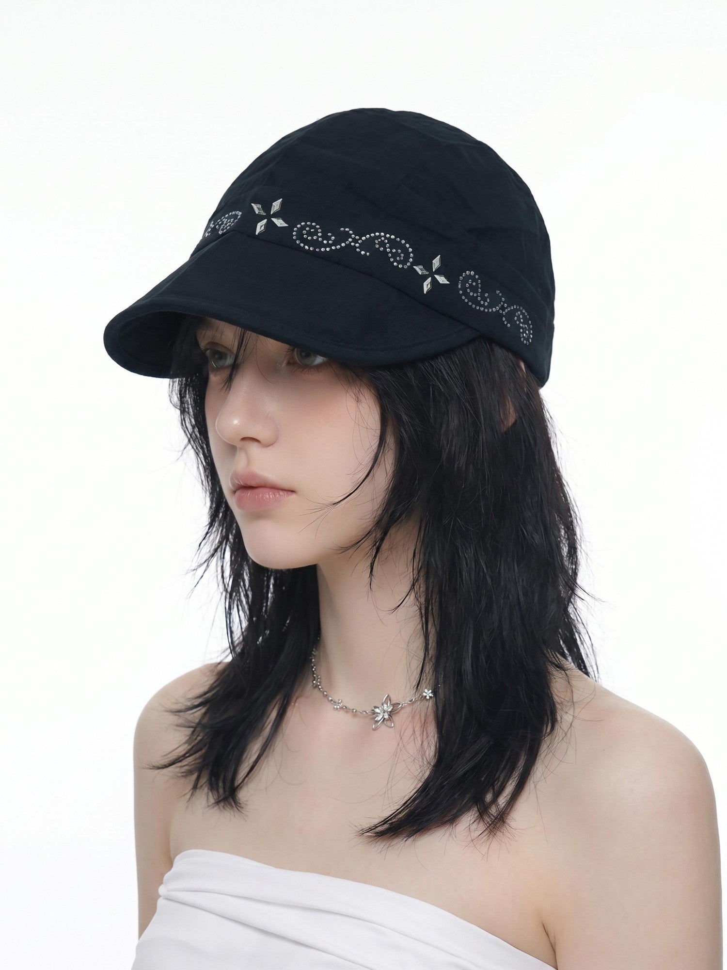 THELIGHT OFFICIAL Black Soft Top Adjustable Brim Rhinestone Starburst Vine Women's Cotton Sun Hats