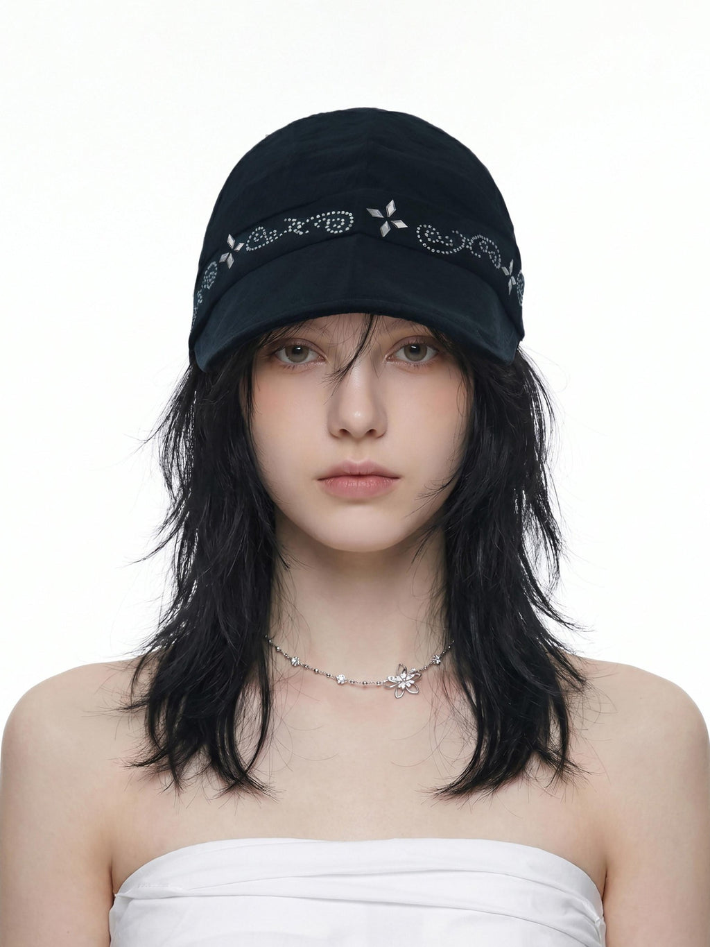 THELIGHT OFFICIAL Black Soft Top Adjustable Brim Rhinestone Starburst Vine Women's Cotton Sun Hats