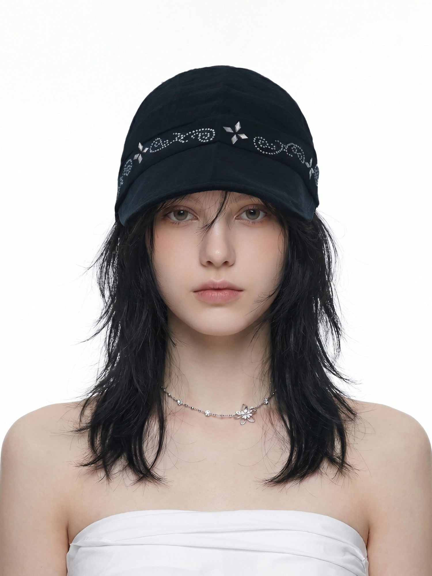 THELIGHT OFFICIAL Black Soft Top Adjustable Brim Rhinestone Starburst Vine Women's Cotton Sun Hats