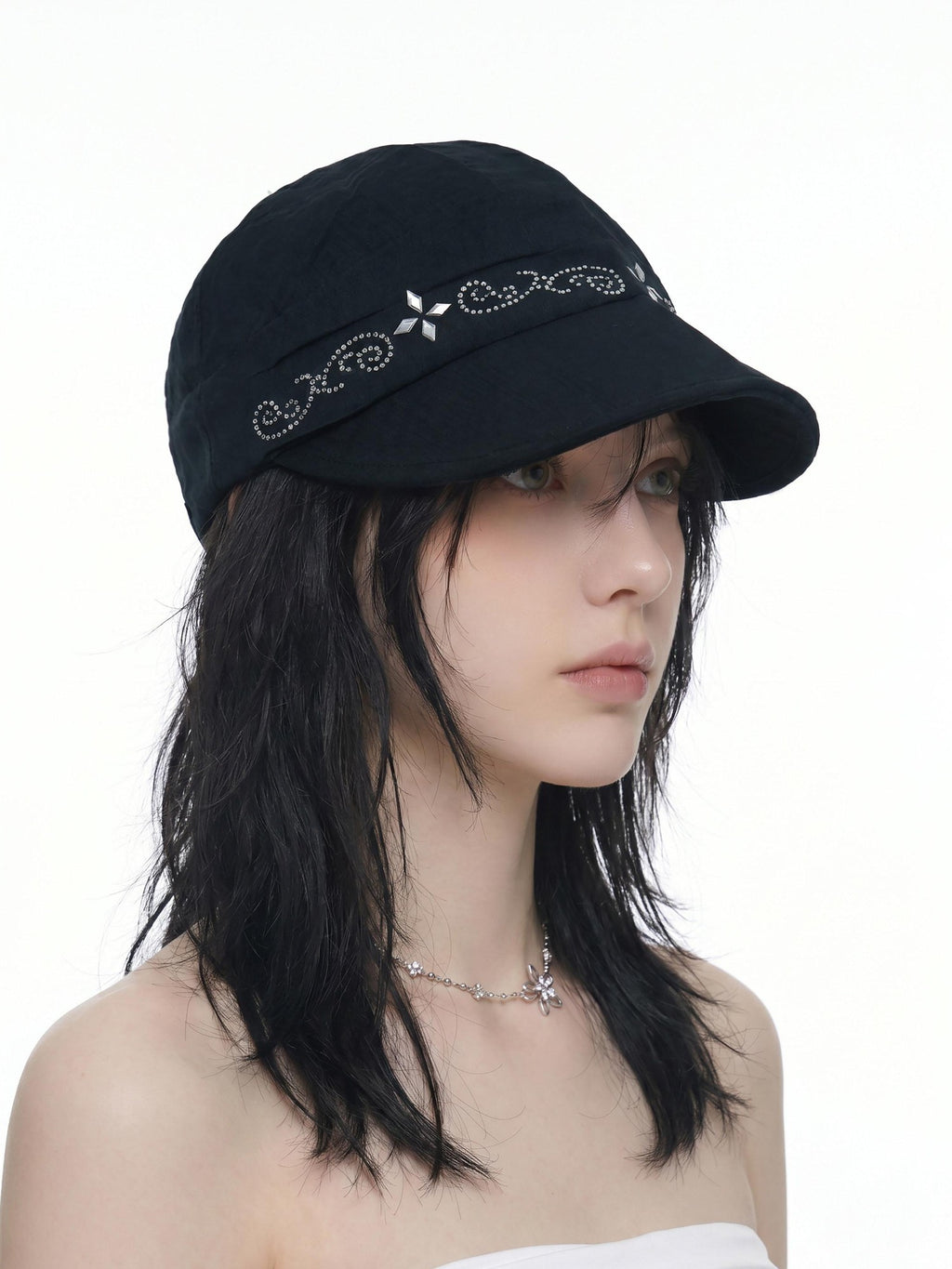 THELIGHT OFFICIAL Black Soft Top Adjustable Brim Rhinestone Starburst Vine Women's Cotton Sun Hats