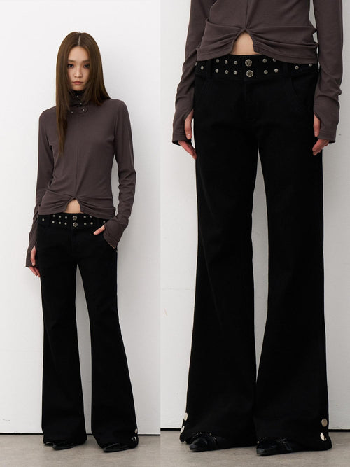 THELIGHT OFFICIAL Black Studded Low Waist Micro Flare Women's Cotton Flare Pants
