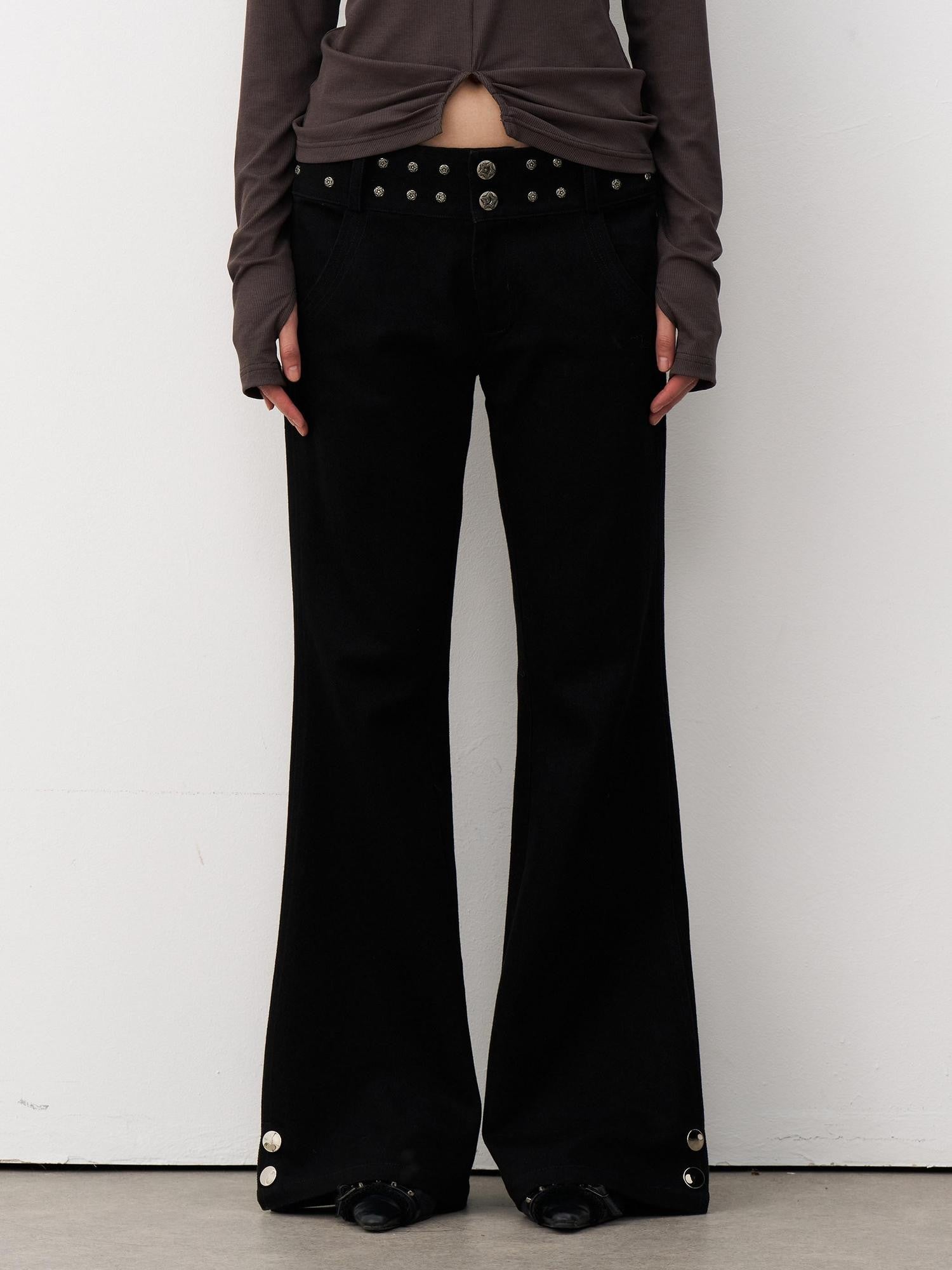 THELIGHT OFFICIAL Black Studded Low Waist Micro Flare Women's Cotton Flare Pants