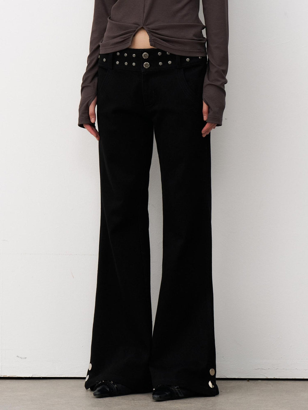 THELIGHT OFFICIAL Black Studded Low Waist Micro Flare Women's Cotton Flare Pants