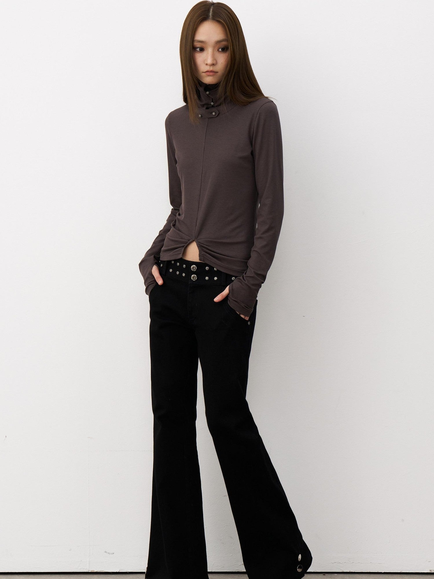 THELIGHT OFFICIAL Black Studded Low Waist Micro Flare Women's Cotton Flare Pants